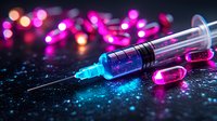 Medical syringe with glowing blue liquid and pink capsule pills on dark background with bokeh lights and sparkles, dramatic neon lighting effect.