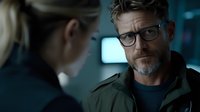 Mature bearded man in glasses and green jacket having serious conversation with blonde woman in dark moody setting. Professional workplace interaction scene.