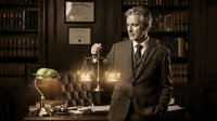 Distinguished mature Caucasian male lawyer in formal suit holding scales of justice in elegant law office with leather-bound books and certificates.