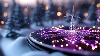 Wind turbine on digital circuit board with glowing purple connections representing renewable energy technology and smart grid infrastructure for sustainable power.