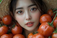 Close up portrait of young Asian woman with natural makeup surrounded by fresh ripe tomatoes and wearing straw hat, beauty and fresh produce concept.