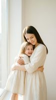 Loving mother embracing happy daughter in matching white dresses by window. Tender family moment showing maternal bond and childhood joy in bright home interior.