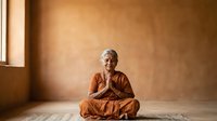 Senior woman with gray hair, Caucasian ethnicity, wearing rust-colored robes, meditating in lotus position on wooden floor against warm terracotta wall with natural light.
