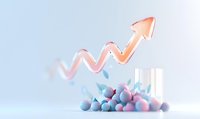 Upward trending arrow in rose gold floating above soft pastel blue and pink spheres on light background, representing business growth and success metrics.