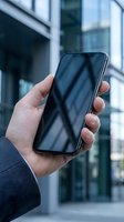 Businessman holding smartphone with blank screen in modern office building exterior for mobile app presentation and digital communication concepts.