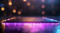 Vibrant purple and orange bokeh lights reflecting on water surface create dreamy nighttime atmosphere with glowing illumination and mirror effect for background designs.