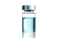 Medical vial with turquoise liquid and aluminum cap on white background with reflection, isolated pharmaceutical container for medicine or vaccine.