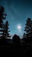 Couple sitting on bench under starry night sky with moon and coniferous trees, romantic camping scene for travel and nature themes.