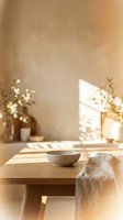 Wooden table with empty ceramic bowl and linen cloth in sunlit minimalist interior with dried flowers and candles, suitable for home decor and lifestyle styling.