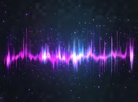 Vibrant sound wave visualization in pink and blue neon colors against dark starry background, with glowing light effects and dynamic audio spectrum display.