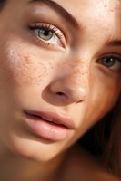 Close-up portrait of young woman with natural freckles, green eyes, and nude makeup showing glowing skin in warm sunlight. Perfect for beauty and skincare advertising.