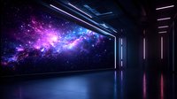 Futuristic dark corridor with large window showing colorful galaxy view, purple and blue nebula in space. Neon lights reflect on glossy floor creating sci-fi atmosphere.