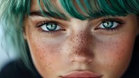 Close up portrait showing bright blue eyes, natural freckles across nose and cheeks, and vibrant mint green hair. Artistic beauty photography with soft lighting.
