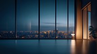 Modern luxury apartment interior with panoramic windows overlooking illuminated night city skyline, empty minimalist room with warm lighting and reflective floor.