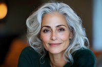 Confident mature woman with silver gray hair and natural makeup smiling at camera, wearing dark green sweater against blurred background. Professional portrait showcasing aging gracefully.