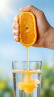 Hand squeezing fresh orange juice into glass against blue sky background. Citrus fruit beverage preparation, healthy drink making, natural vitamin C source for wellness and nutrition.