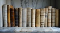 Row of vintage antique books with worn leather bindings on marble shelf, creating nostalgic academic atmosphere for home library or bookstore display.