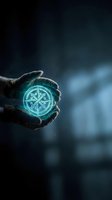 Weathered hand holding glowing cyan geometric symbol with intricate star pattern against dark moody background, suitable for fantasy, magic, technology, and mystical concepts.