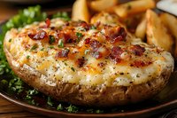 Baked potato loaded with melted cheese, crispy bacon bits, and herbs served on rustic wooden plate with roasted potato wedges and fresh parsley garnish.