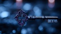 Vintage ornate key with decorative handle against dark blue bokeh background, mysterious and magical atmosphere for fantasy or security concepts.