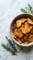 Homemade sweet potato chips with sea salt and fresh herbs in ceramic bowl on marble surface for healthy snacking and cooking content.