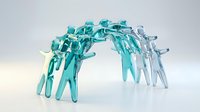 Translucent turquoise and blue human figures forming collaborative arch on white background. Teamwork, unity, support concept for business presentations.