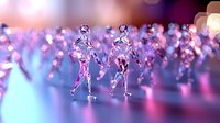 Crystal glass figurines of dancers on reflective surface with purple pink bokeh lights background creating magical atmosphere for luxury decor celebrations.