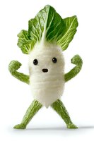 Creative food art featuring Chinese cabbage character with green leaves as arms and legs on white isolated background, suitable for healthy eating promotion.