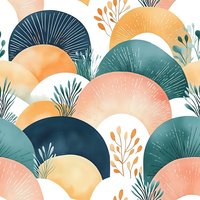 Seamless abstract pattern with overlapping semicircles in teal, peach, and coral colors decorated with botanical elements. Modern geometric design for fabric and wallpaper.