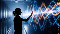 Woman silhouette interacting with glowing data waves in futuristic server room. Digital transformation, artificial intelligence and technology concept.