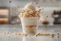 Creamy vanilla ice cream scoop in clear cup with exploding caramel pieces and crushed nuts creating dynamic motion effect against soft blurred background.