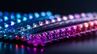 Glowing LED light strips in blue and pink colors create futuristic atmosphere with bokeh effect on dark background. Modern technology lighting concept.