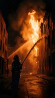 Firefighter battles intense building fire at night with water hose on urban street surrounded by brick buildings and dramatic orange flames and smoke.