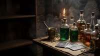 Vintage apothecary bottles with colorful potions and elixirs on wooden table with candlelight, old books and mystical atmosphere for fantasy storytelling.