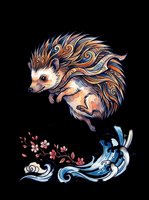 Ornate hedgehog leaping over stylized waves with cherry blossoms, folk art style, isolated on transparent background, for stickers, t-shirt design, print on demand.