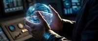 Hands holding a glowing holographic globe with digital network lines, futuristic control room background, technology and global connectivity concept.