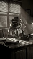 Anthropomorphic raccoon detective in fedora and trench coat smoking cigarette at desk with typewriter, noir-style office setting with venetian blinds and dramatic lighting.