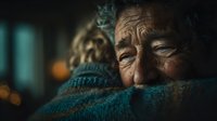 Elderly woman wrapped in warm knitted blanket looking contemplative with soft lighting creating cozy atmosphere for healthcare and comfort concepts.