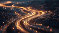 Glowing curved lines with golden light trails and bokeh particles creating dynamic movement against dark background, abstract technology concept.