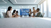 Professional business team meeting in modern conference room with data presentation on screen for corporate strategy discussion.