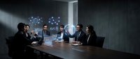 Business team meeting with holographic data visualization and futuristic technology display in modern conference room for corporate presentations.