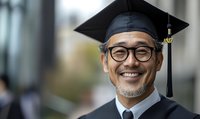 Mature Asian male graduate wearing mortarboard cap and glasses smiling warmly during graduation ceremony. Academic achievement and lifelong learning concept.