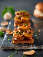 Gourmet mushroom bruschetta appetizers on slate board with fresh herbs and garlic, elegant restaurant presentation for culinary marketing and menu design.