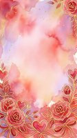 Watercolor background with soft pink, purple, and yellow gradient washes featuring ornate gold-outlined roses and hearts border frame. Suitable for wedding invitations, greeting cards, and romantic design projects.