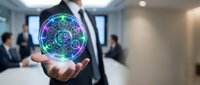 Businessman holding glowing digital sphere with network connections in modern office environment for technology and innovation concepts.