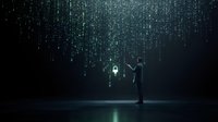 Digital rain of binary code with silhouette of businessman touching virtual padlock, representing cybersecurity and data protection in dark space.