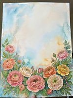Watercolor floral border with pink, cream and yellow ranunculus blooms on soft blue background, copy space for wedding or greeting card design.