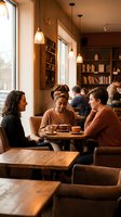 Three diverse women enjoying coffee and conversation in cozy bookstore cafe with warm lighting and wooden furniture creating intimate social atmosphere.