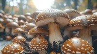 Brown spotted mushrooms growing in forest floor with soft bokeh background, macro nature photography showing detailed fungus caps and stems in autumn setting.