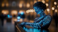Young woman covered in glowing blue light patterns sits contemplatively in dark urban setting with blurred bokeh lights creating mysterious nighttime atmosphere.
